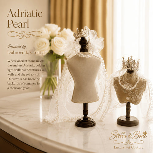 Adriatic Pearl luxury pet bridal veil and crown set inspired by Dubrovnik Croatia shown on miniature mannequins