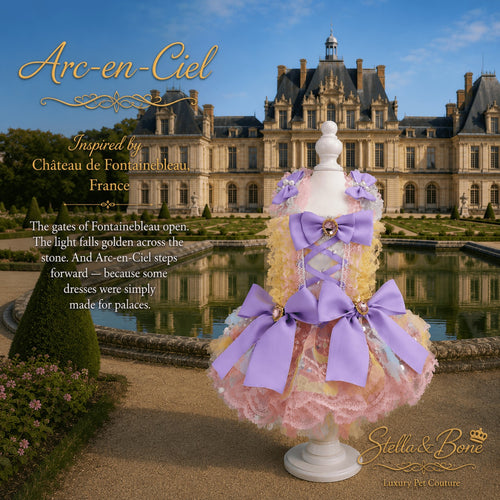 Arc-en-Ciel pastel pet dress inspired by Chateau de Fontainebleau France with purple bows on a mannequin by a palace pool.