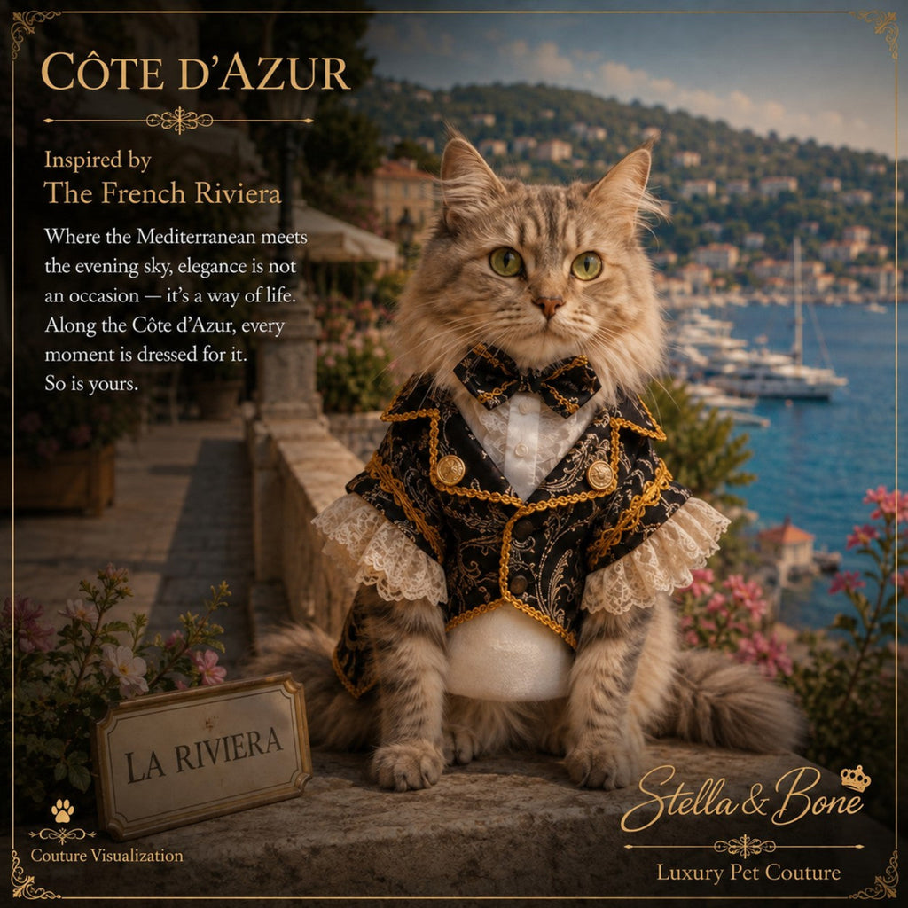 Côte d’Azur luxury cat tuxedo in black and gold brocade featuring a formal bow tie and ruffled white lace trim.
