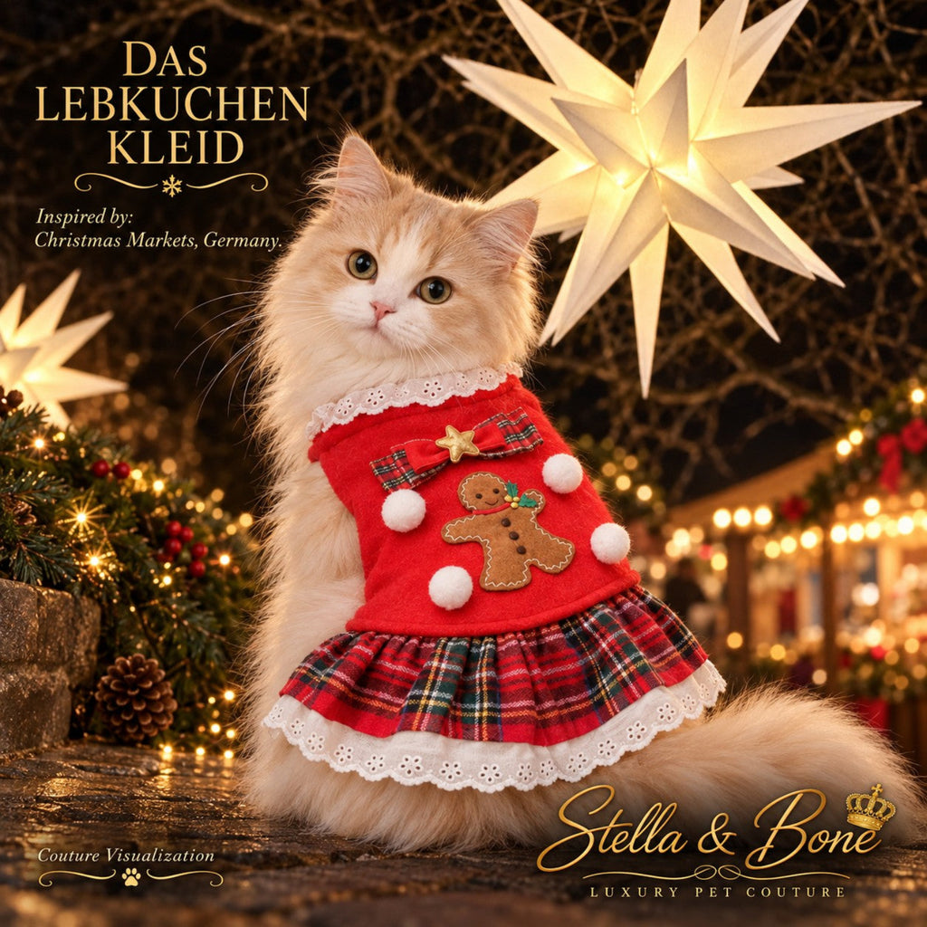 Das Lebkuchen Kleid, a holiday sweater dress modeled by a cat at German Christmas market
