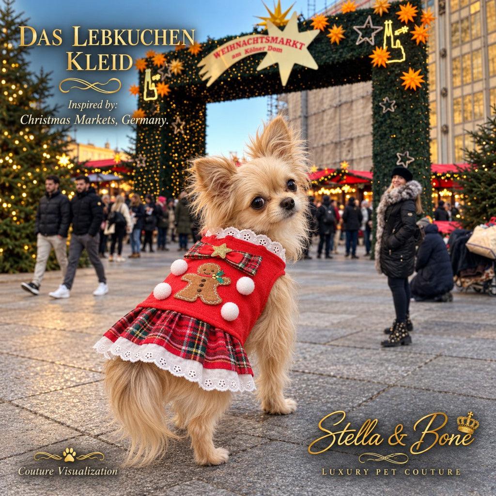 A small tan dog stands in a Christmas market wearing Das Lebkuchen Kleid,  red holiday sweater dress.