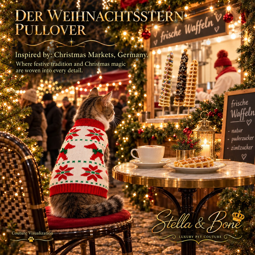 Festive cat sitting at cafe table wearing Der Weihnachtsstern Pullover, holiday pet sweater 