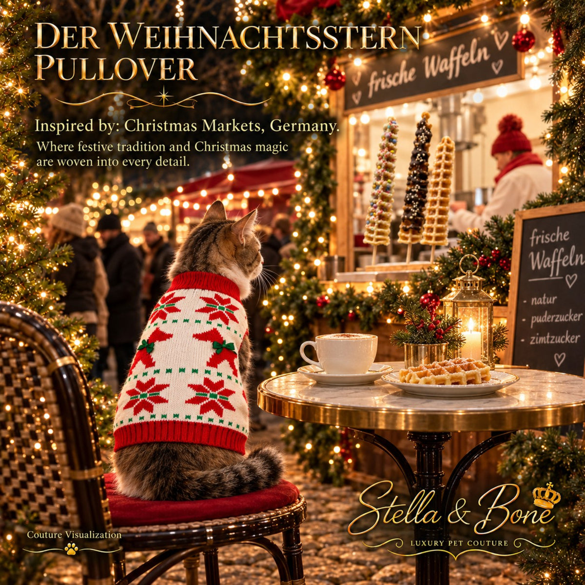 Festive cat sitting at cafe table wearing Der Weihnachtsstern Pullover, holiday pet sweater 