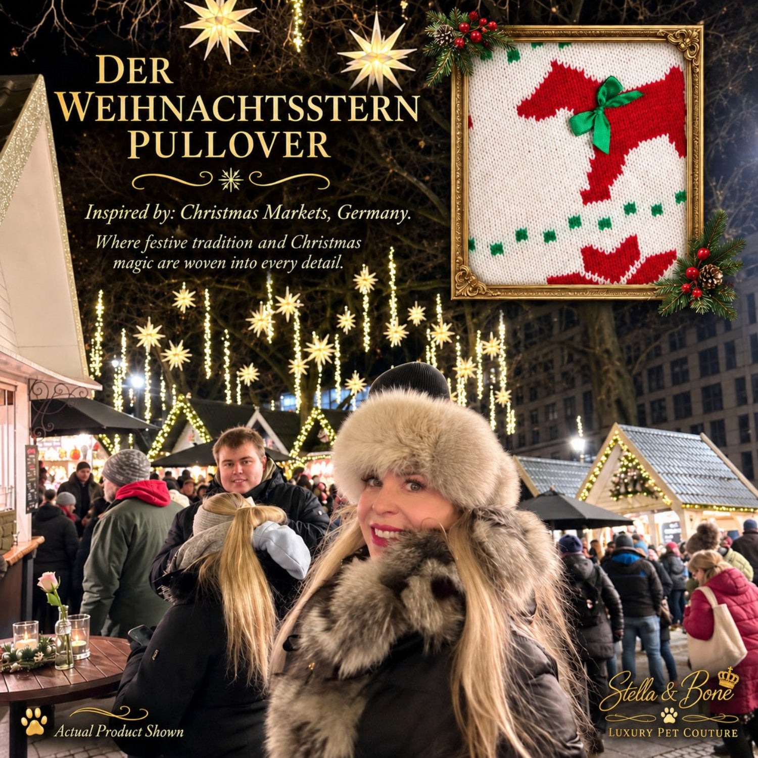 Detailed close-up view of Der Weihnachtsstern Pullover, holiday pet sweater