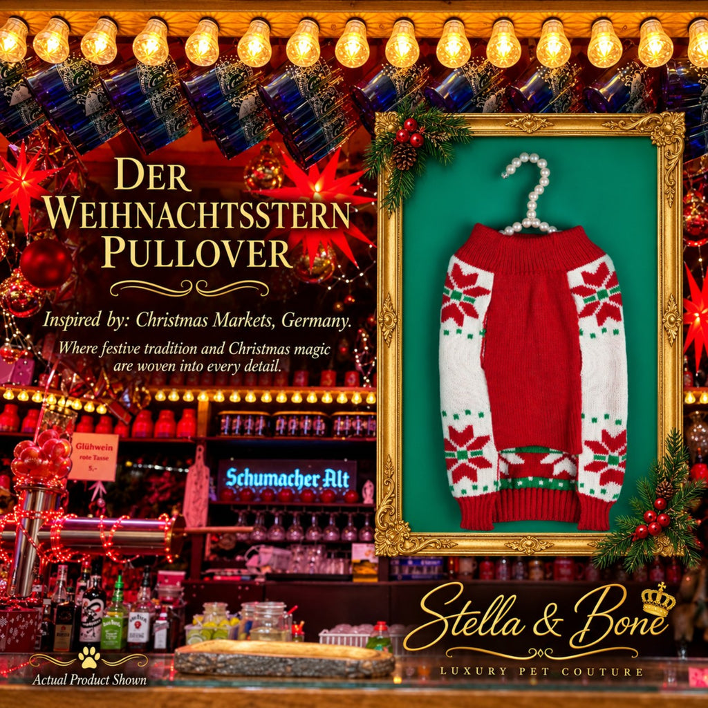 Belly side view of Der Weihnachtsstern Pullover Christmas pet sweater, with German market