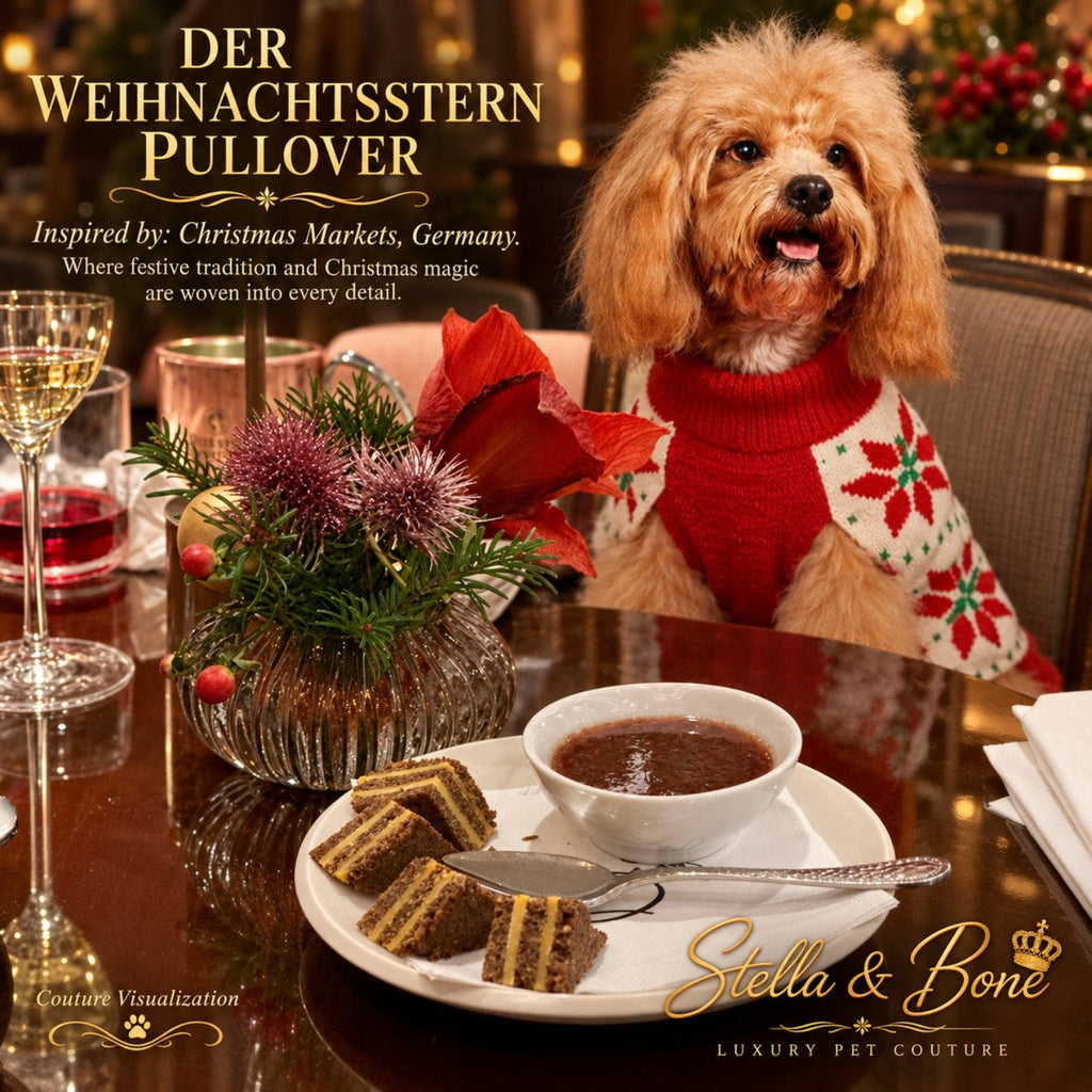 Dog wearing Der Weihnachtsstern pullover holiday sweater at a restaurant in Germany