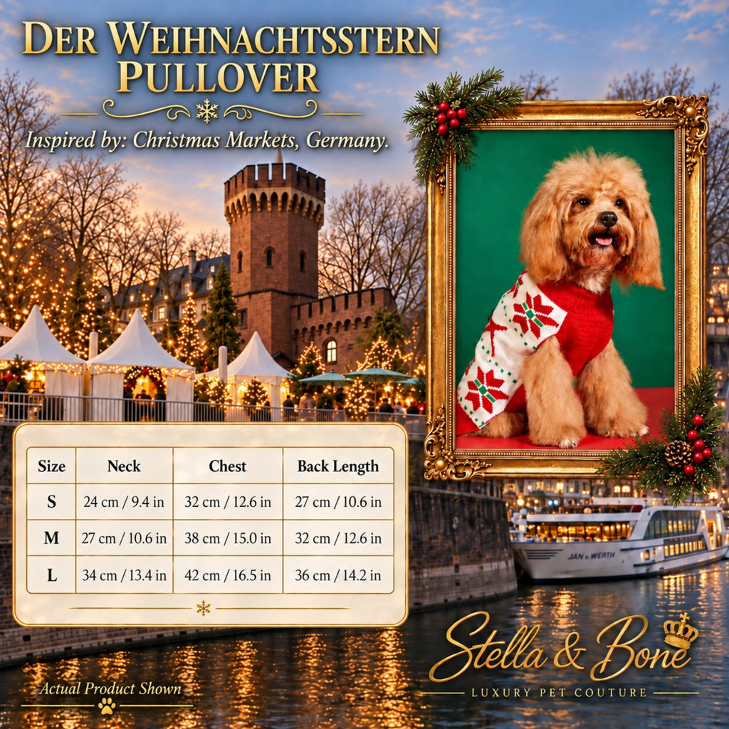 Size chart S-L for Der Weihnachtsstern Pullover, holiday sweater for pets with German market background