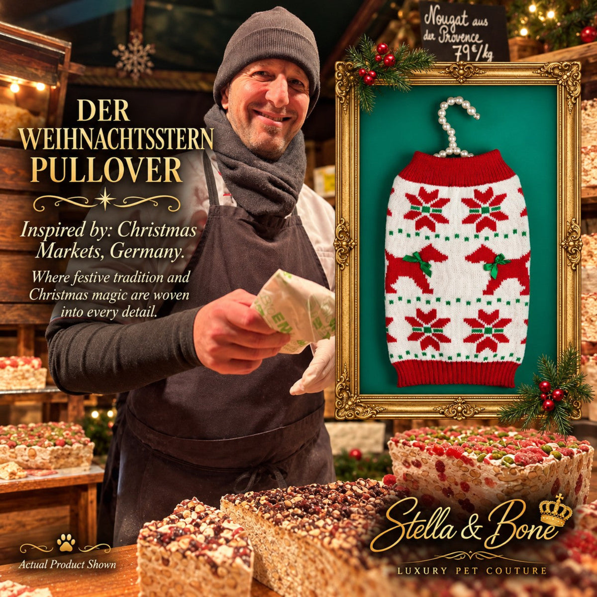 Der Weihnachtsstern Pullover, Christmas pet sweater on a hanger at vendor in Germany
