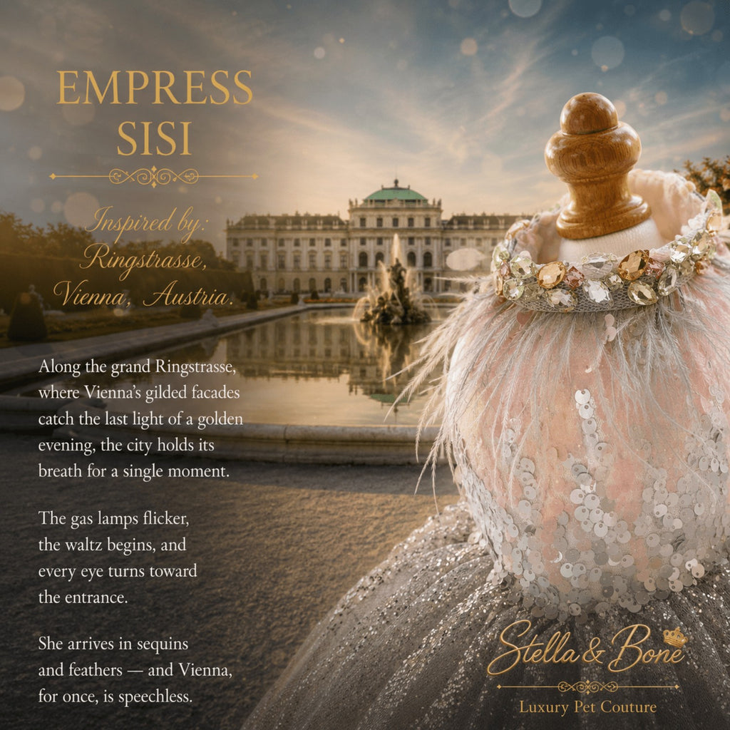 Empress Sisi luxury dog gown with jewel-encrusted collar and feathers on a mannequin, with a Vienna palace in the background.