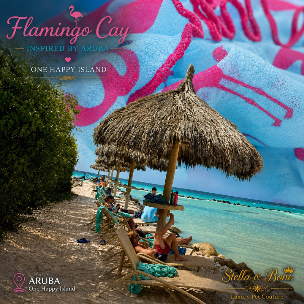 Close-up of Flamingo Cay dog dress fabric with a pink flamingo print layered over a tropical beach scene with palapas.