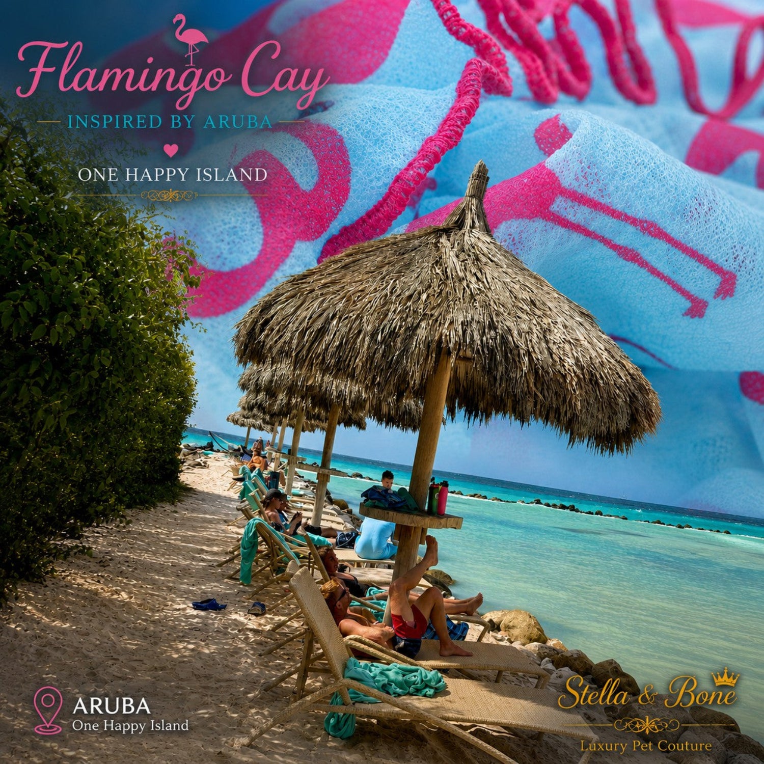 Close-up of Flamingo Cay dog dress fabric with a pink flamingo print layered over a tropical beach scene with palapas.