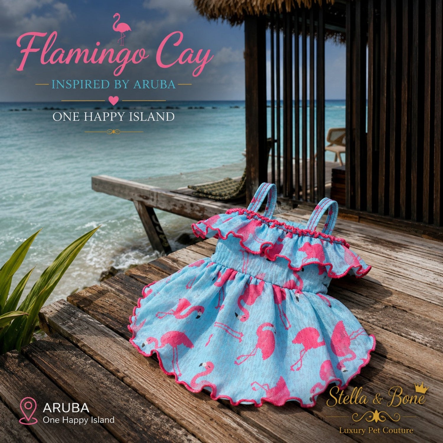Flamingo Cay ruffled dog dress displayed on a tropical wooden dock overlooking the blue ocean water in Aruba.
