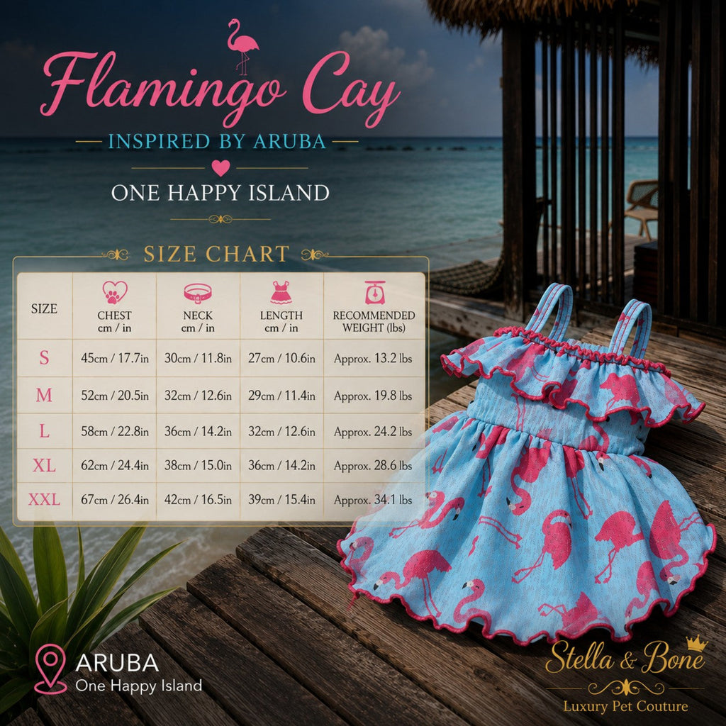 Size chart for Flamingo Cay dog dress listing chest, neck, length, and weight metrics for small to XXL dogs.