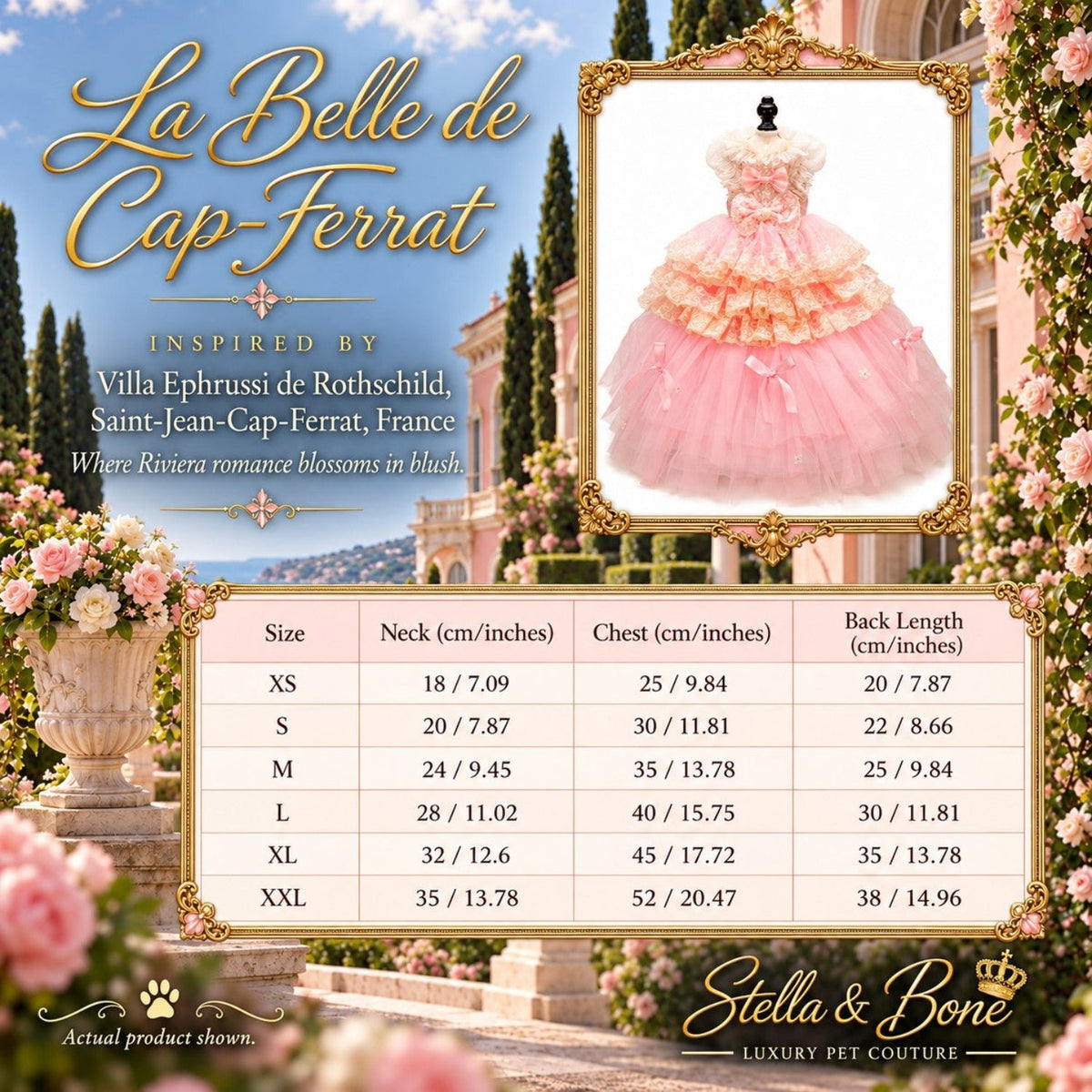 La Belle de Cap-Ferrat sizing chart with neck chest and back length dimensions for luxury pet gowns, bespoke customization available