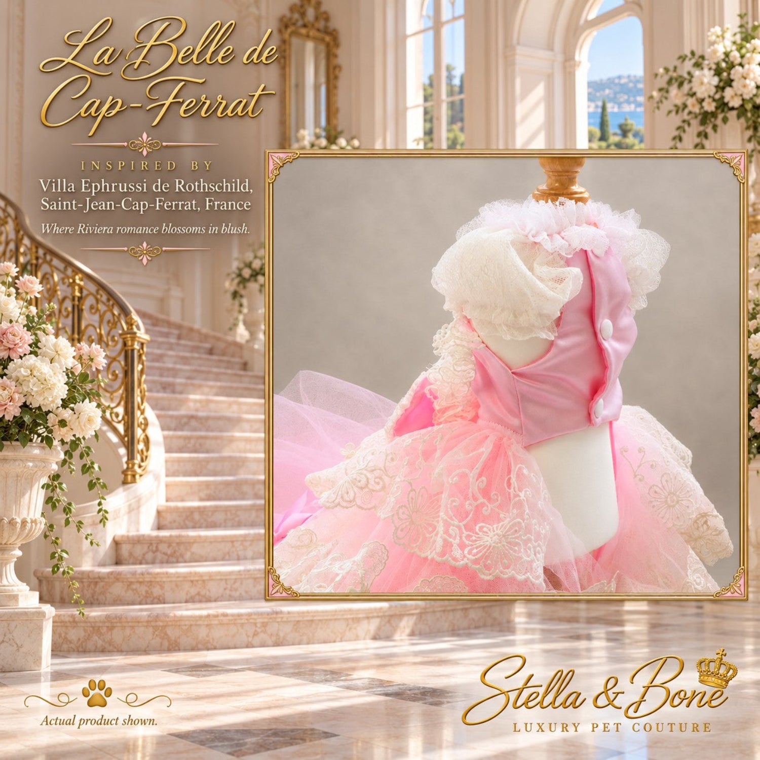 La Belle de Cap-Ferrat couture dog wedding dress undercarriage view showing pink satin bodice button closure on a mannequin