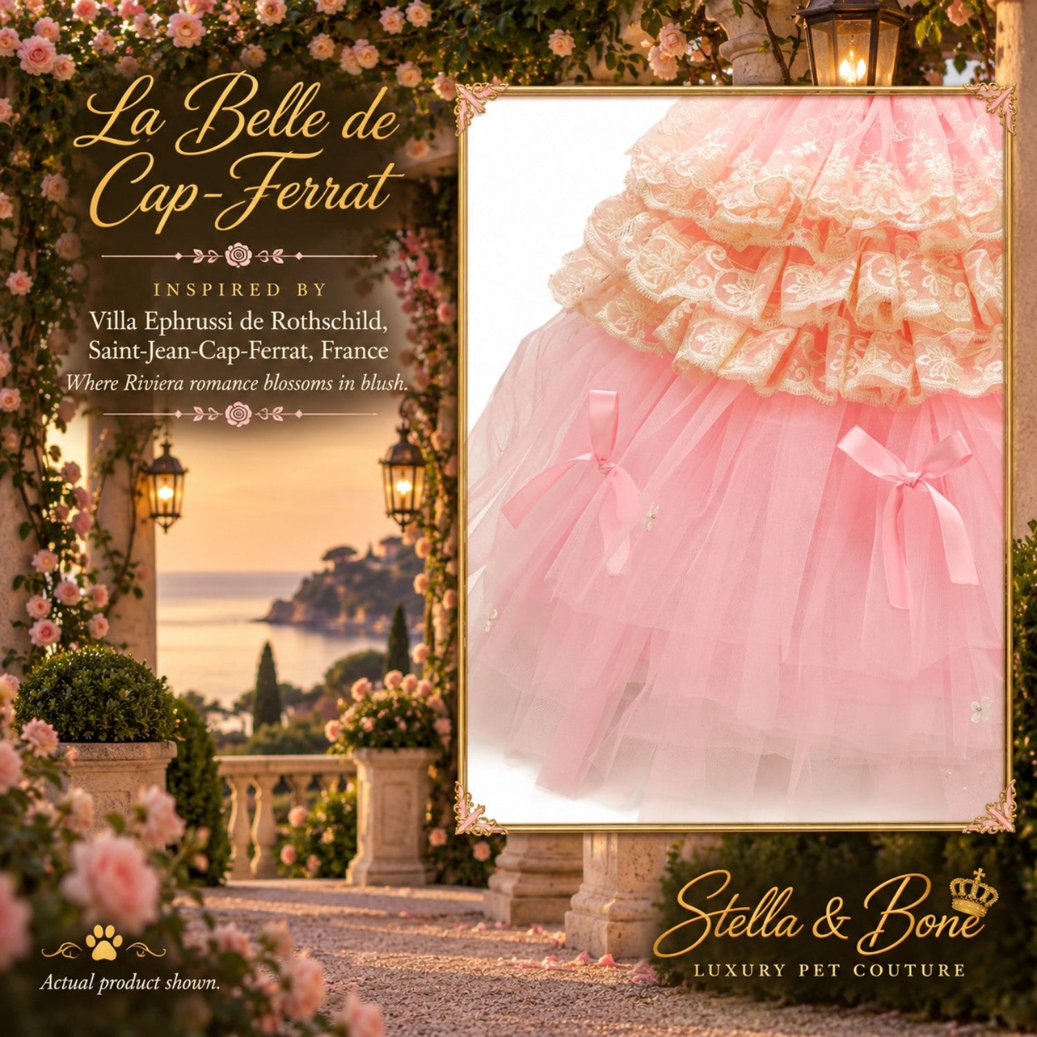 La Belle de Cap-Ferrat luxury dog dress featuring tiered lace ruffles layered pink tulle skirt and small satin bows