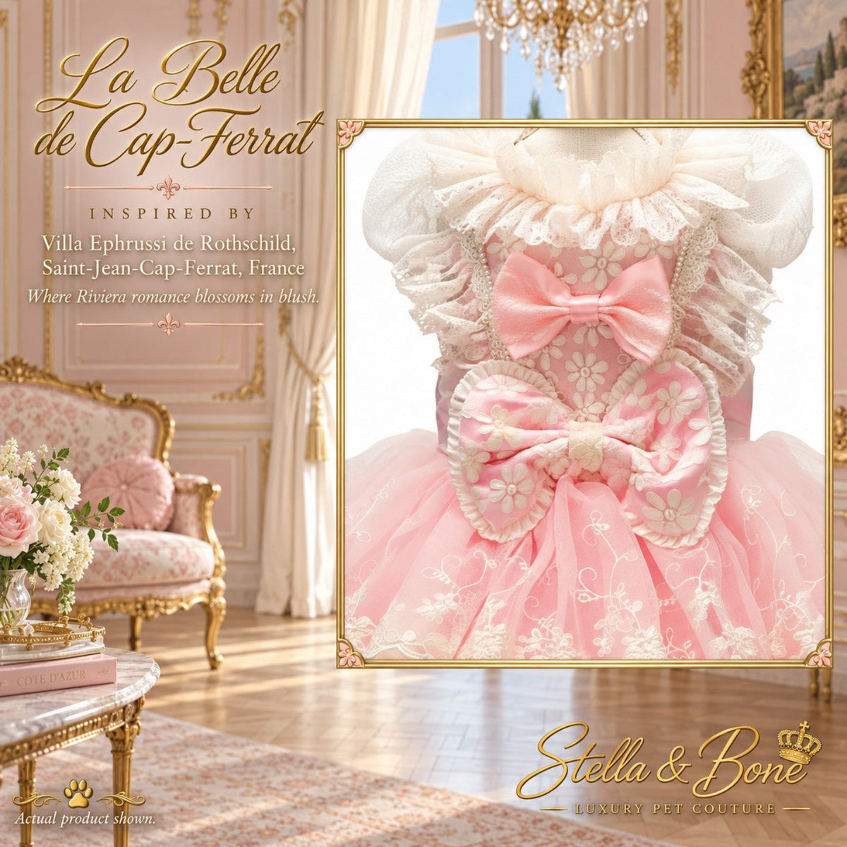 La Belle de Cap-Ferrat pink luxury dog gown with ruffled collar pearl trim and embroidered floral bodice