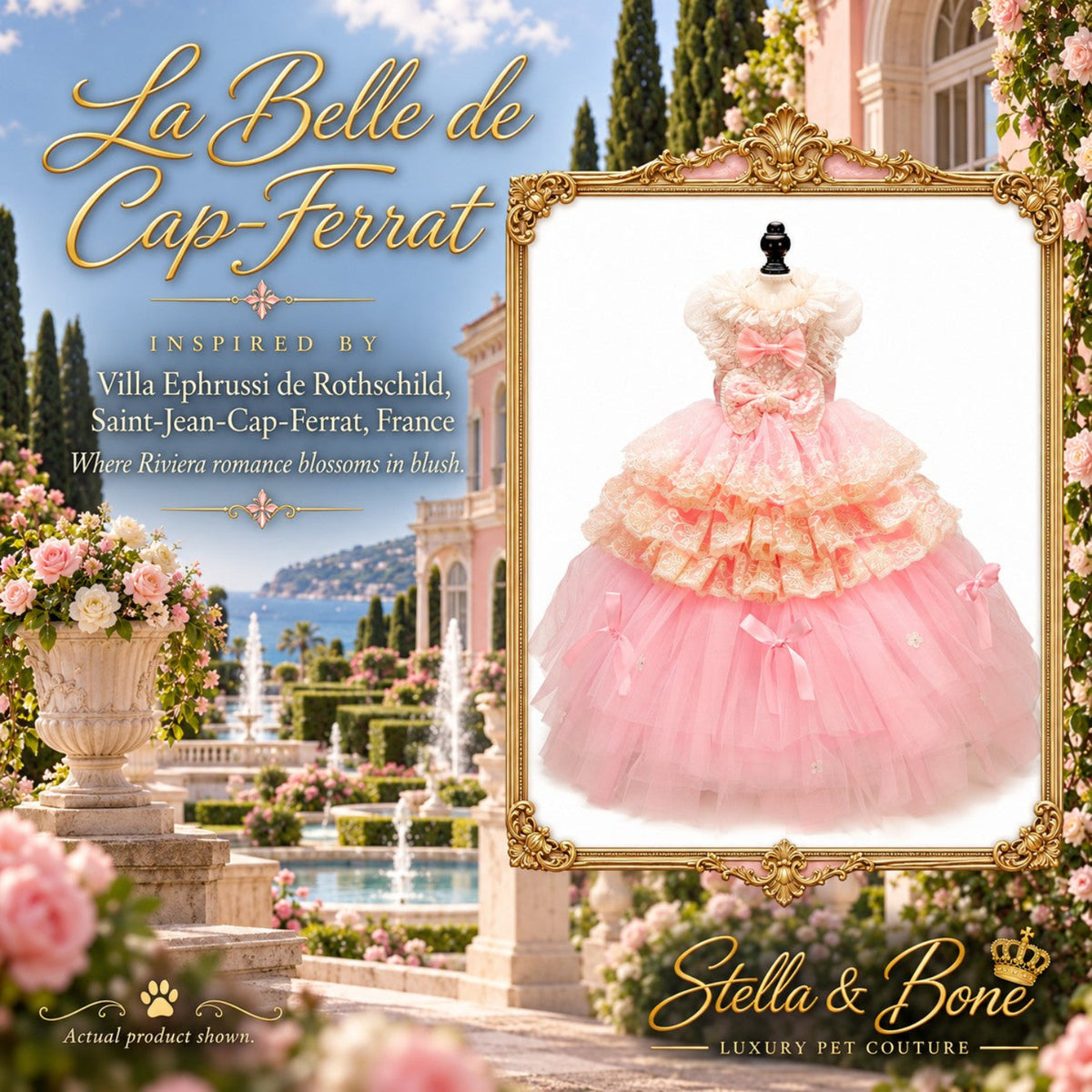 La Belle de Cap-Ferrat luxury pink dog gown with tiered tulle ruffles, lace trim, and satin bow accents on a mannequin.