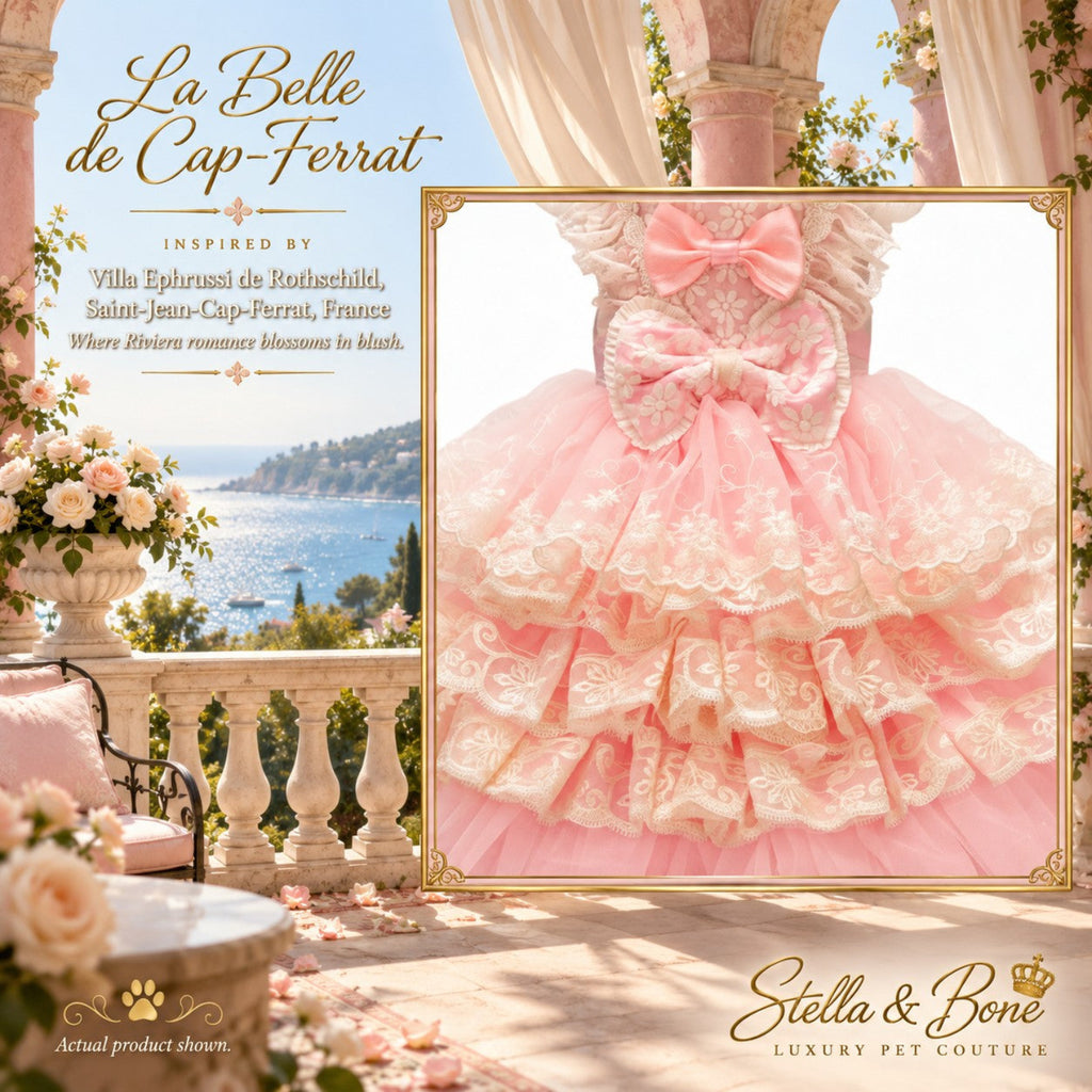 Detail of La Belle de Cap-Ferrat blush pink ruffled lace couture dog dress with statement bows