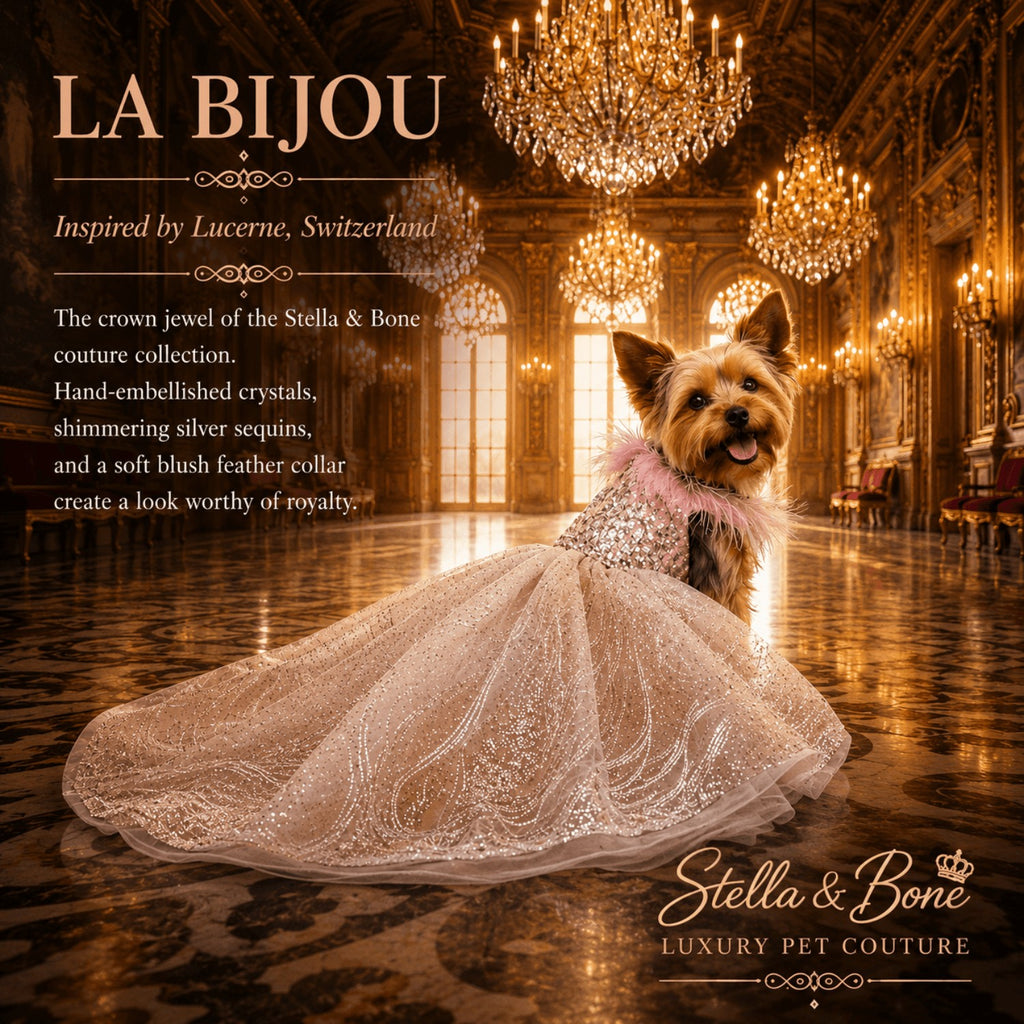 Luxury silver crystal designer dog dress with feather collar on a Yorkie model inside a grand golden palace ballroom.