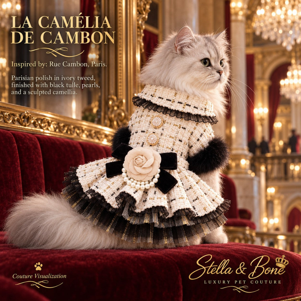 La Camélia De Cambon ivory tweed luxury cat dress with black tulle ruffles and camellia blossom worn by a fluffy white cat.
