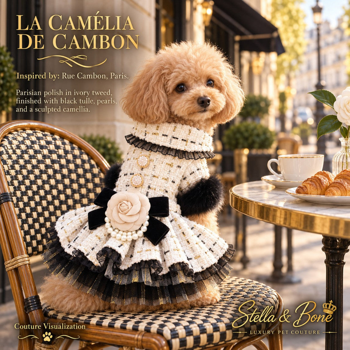 Fluffy poodle model wearing La Camelia De Cambon luxury dog dress while sitting on a chair at an outdoor Paris café.