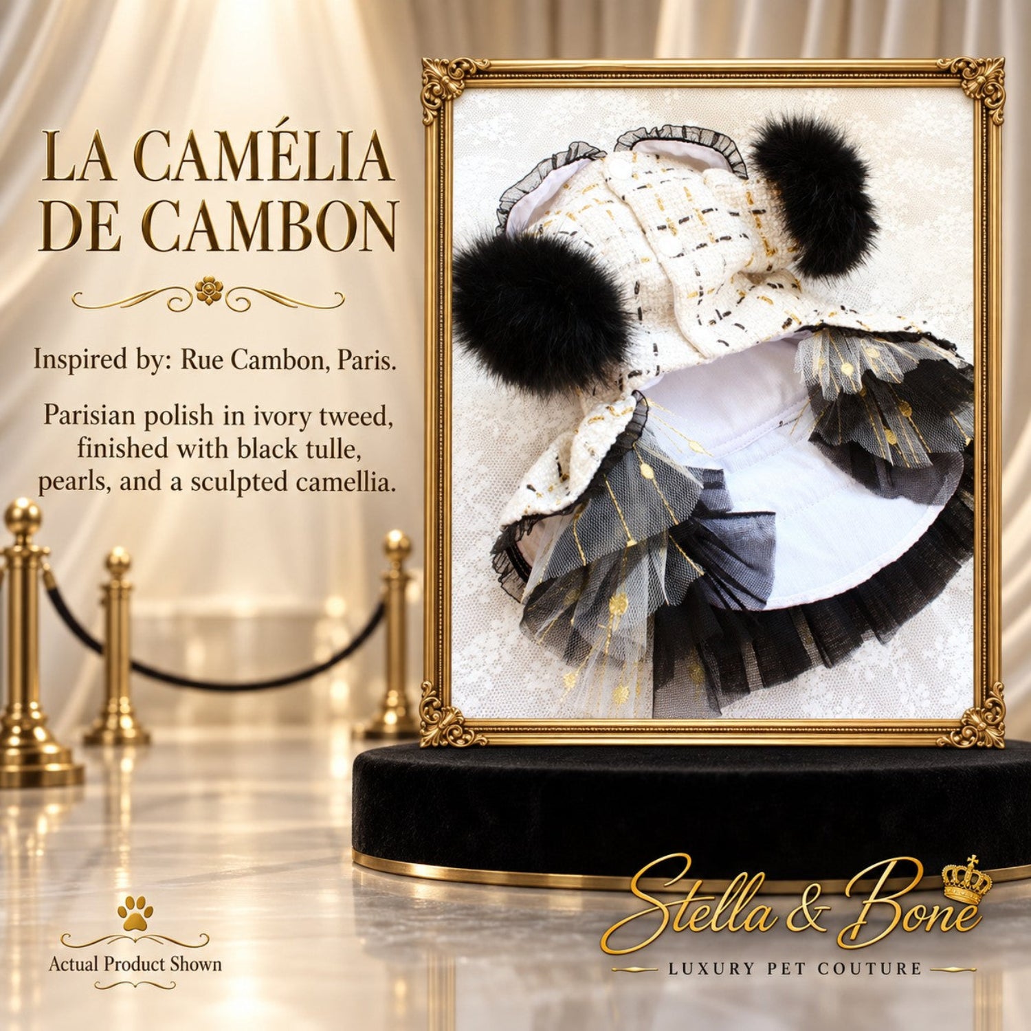La Camelia De Cambon dog dress promotional graphic in a gold frame on a velvet podium with Paris inspired luxury text.