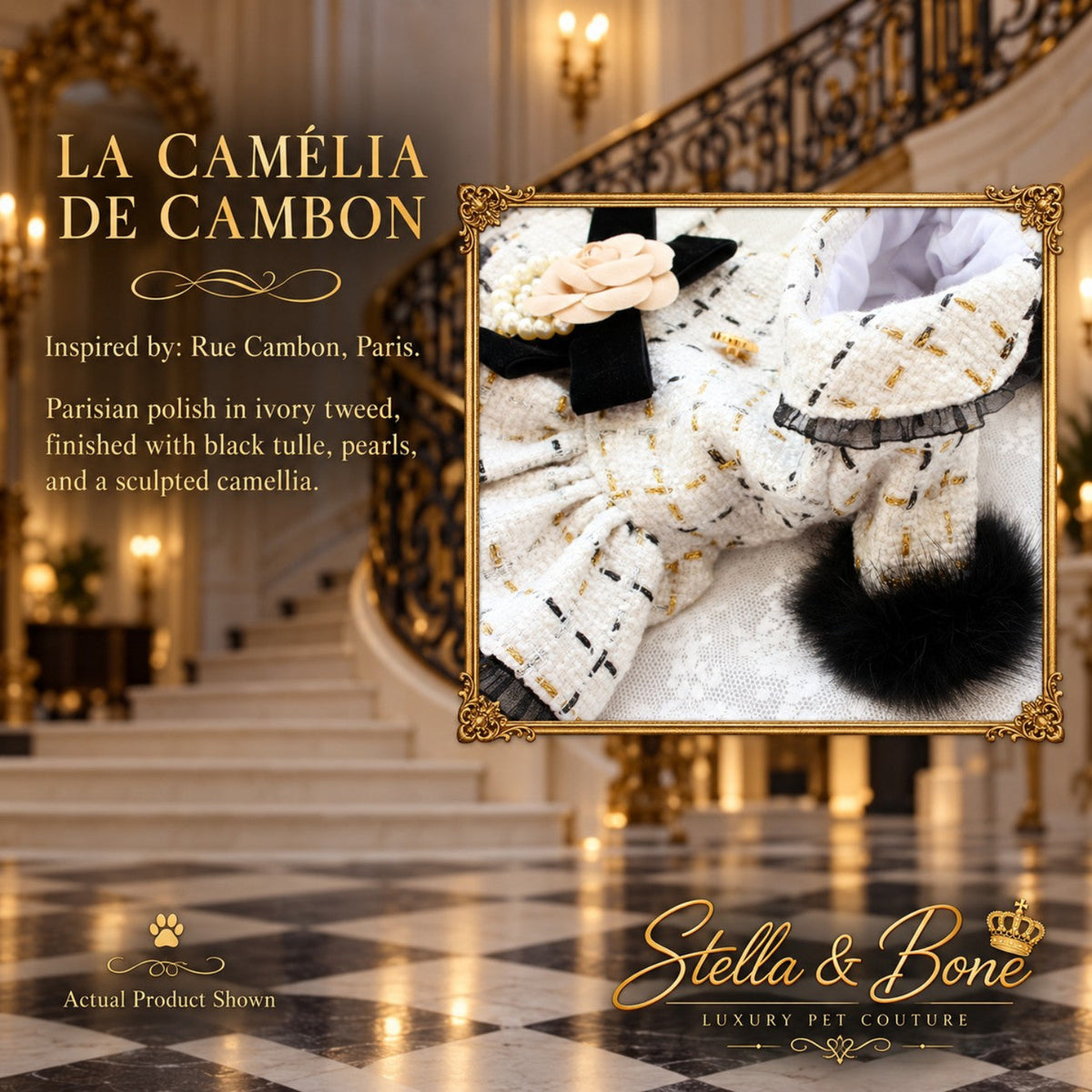 La Camélia De Cambon ivory tweed dog dress with black tulle, pearls, and a sculpted camellia flower for luxury pets.