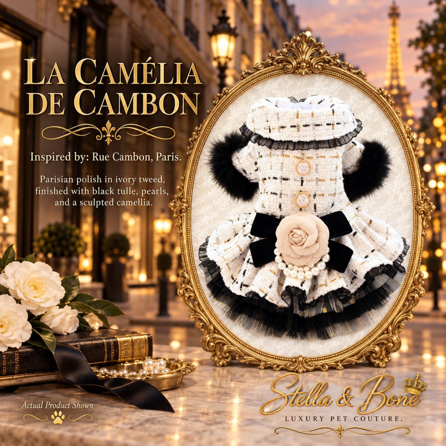 La Camelia De Cambon dog dress in ivory tweed with black tulle, pearls, and a sculpted camellia flower in Paris
