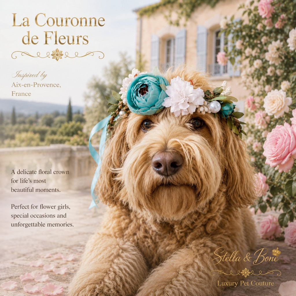 La Couronne de Fleursluxury dog floral crown featuring silk blossoms and faux pearls on golden doodle