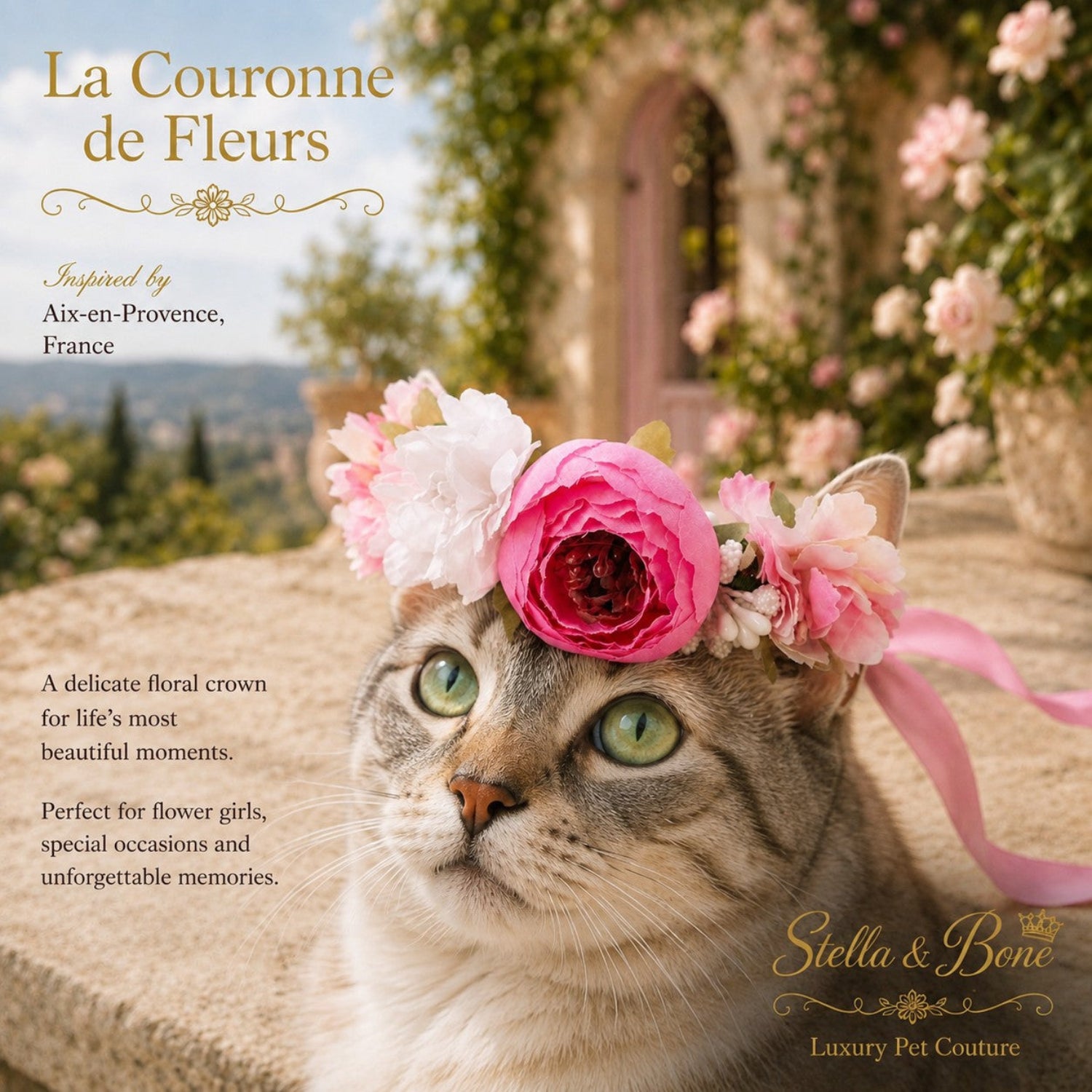 La Couronne de Fleurs luxury cat floral crown with pink silk peonies worn by a green-eyed cat in Aix-en-Provence, France.