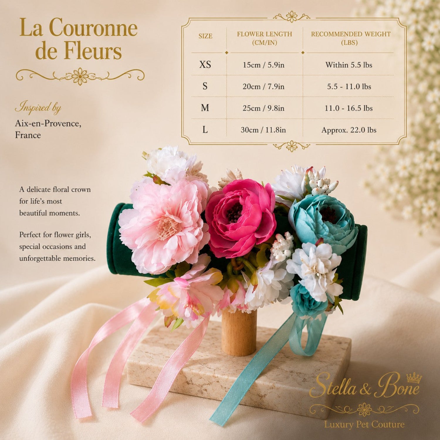 Size chart for La Couronne de Fleurs luxury pet floral crown, showing flower lengths and weights from extra small to large.