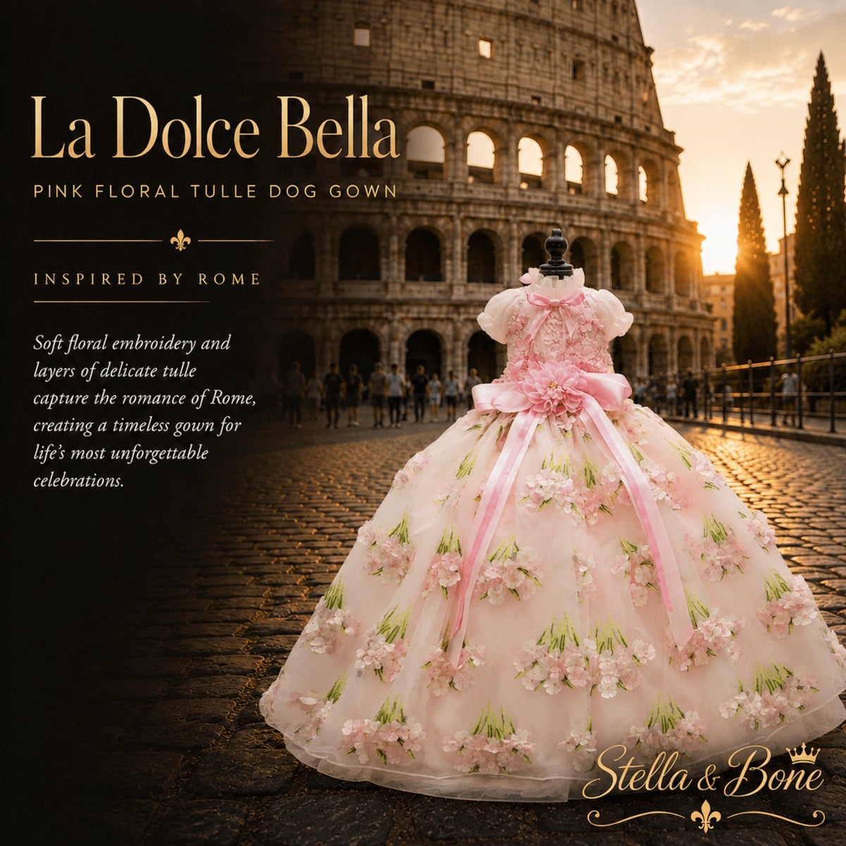 La Dolce Bella luxury dog gown featuring pink floral embroidery and delicate tulle, displayed on a mannequin in Rome, Italy.
