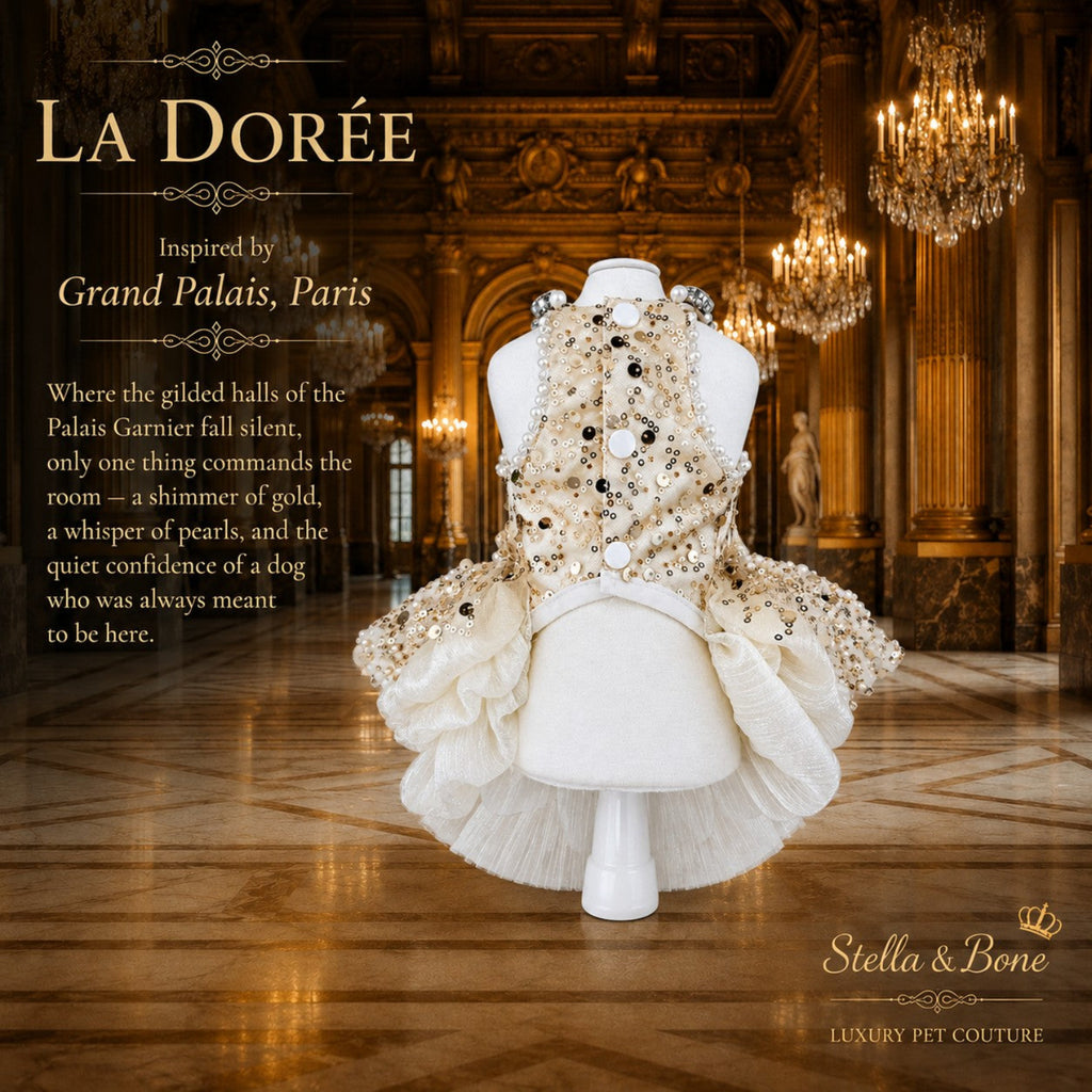 Belly side view of La Doree, champagne, gold pet wedding gown on a mannequin in an ornate hall