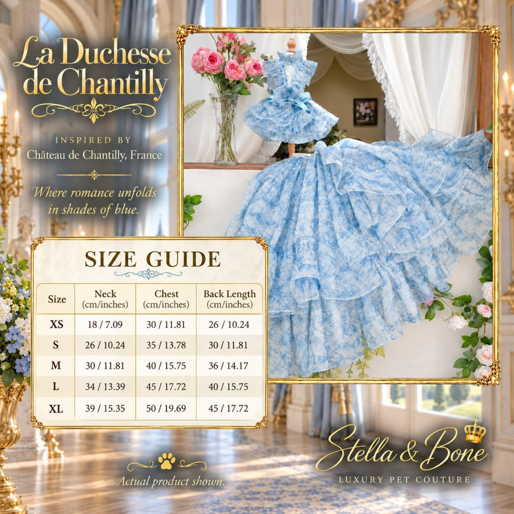 La Duchesse de Chantilly dog wedding dress size chart - standard and bespoke customization available
