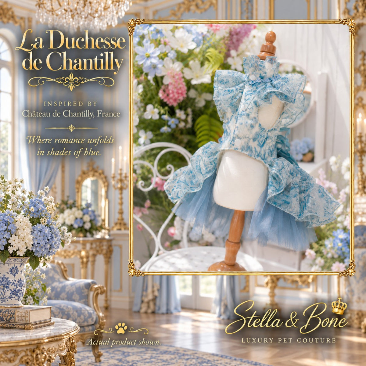La Duchesse de Chantilly luxury blue floral dog dress with tulle trim on a mannequin in an elegant French estate.