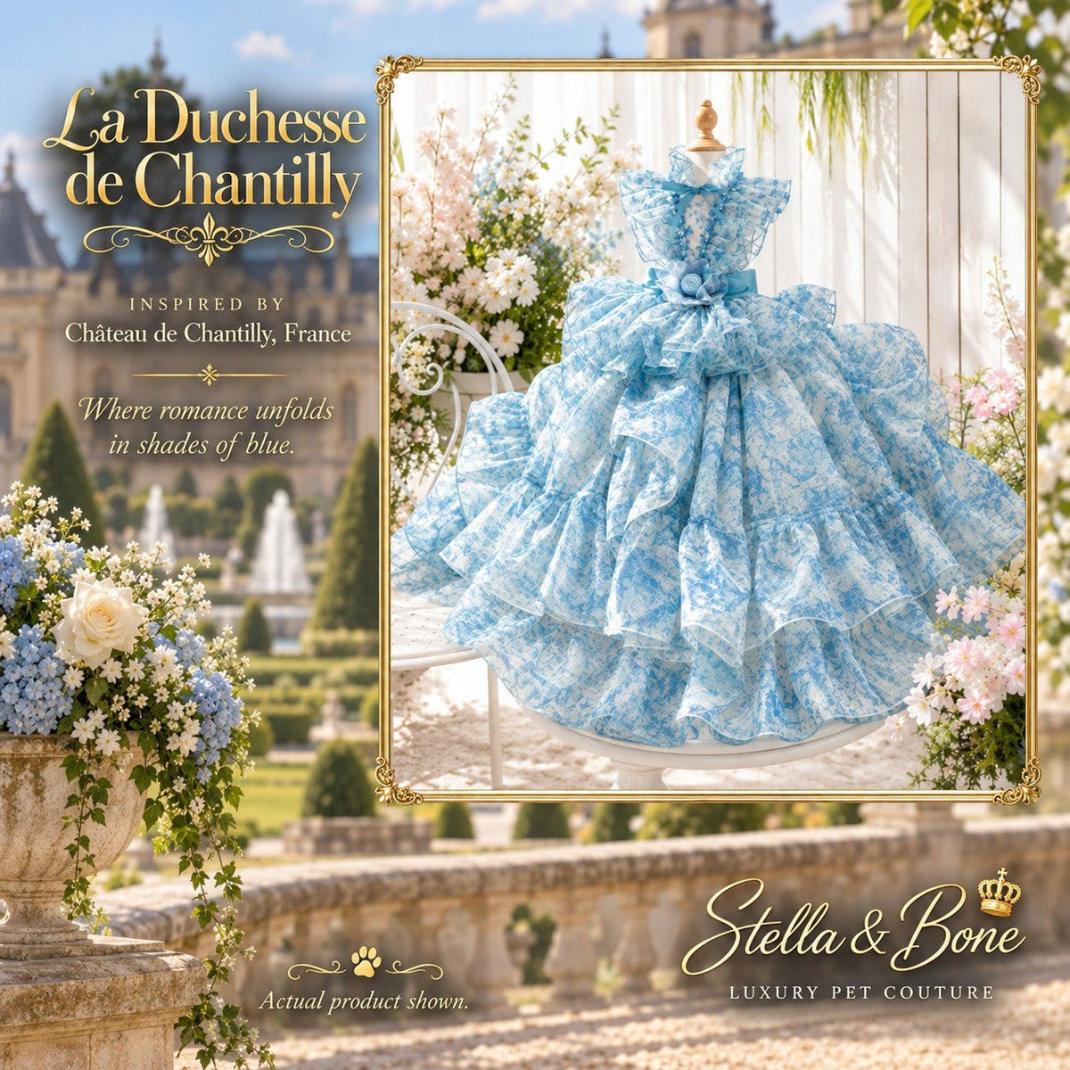 La Duchesse de Chantilly | Powder-Blue Floral Dog Couture Gown | Stella & Bone
