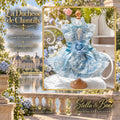 La Duchesse de Chantilly luxury blue floral ruffled dog dress on a mannequin overlooking a romantic French chateau.