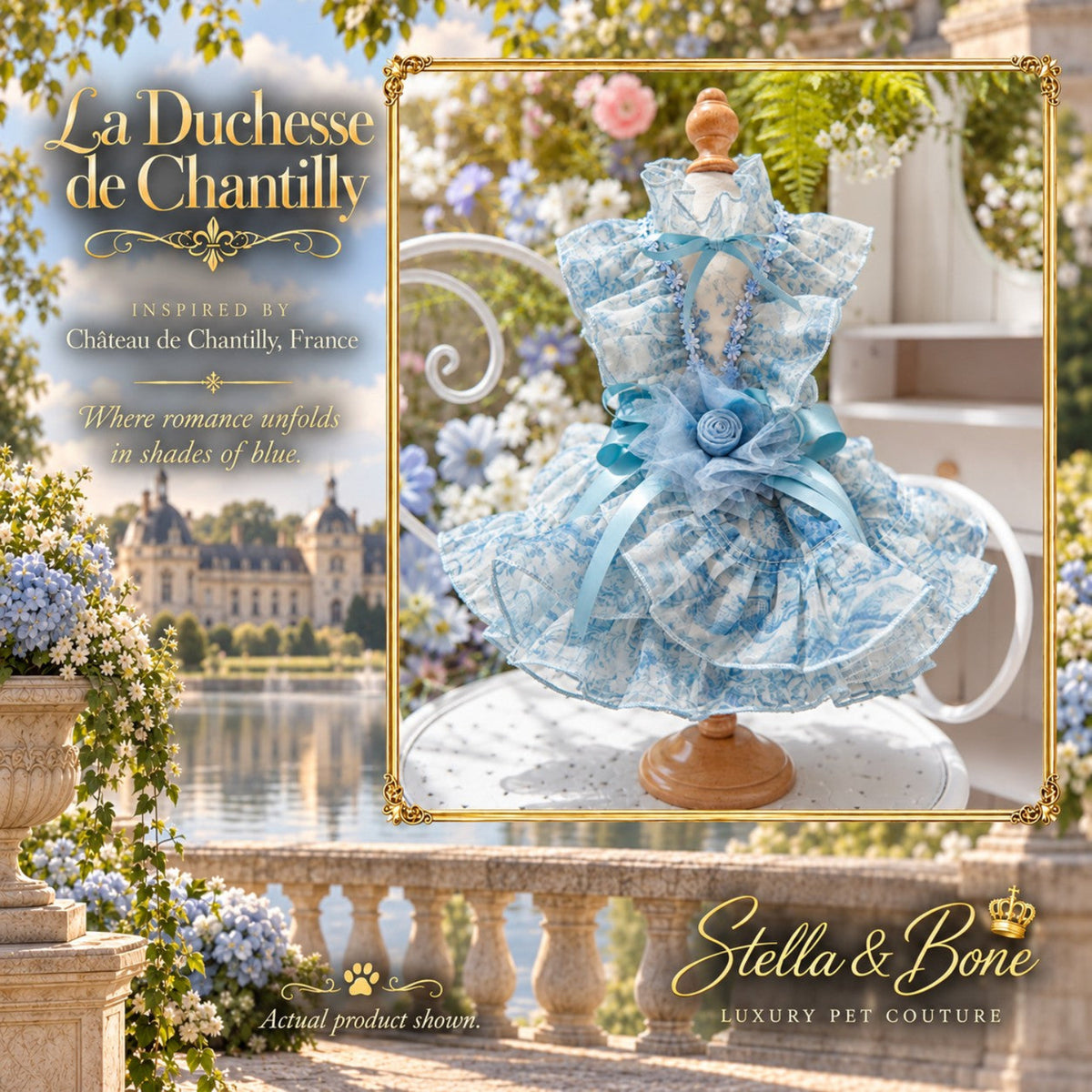 La Duchesse de Chantilly luxury blue floral ruffled dog dress on a mannequin overlooking a romantic French chateau.