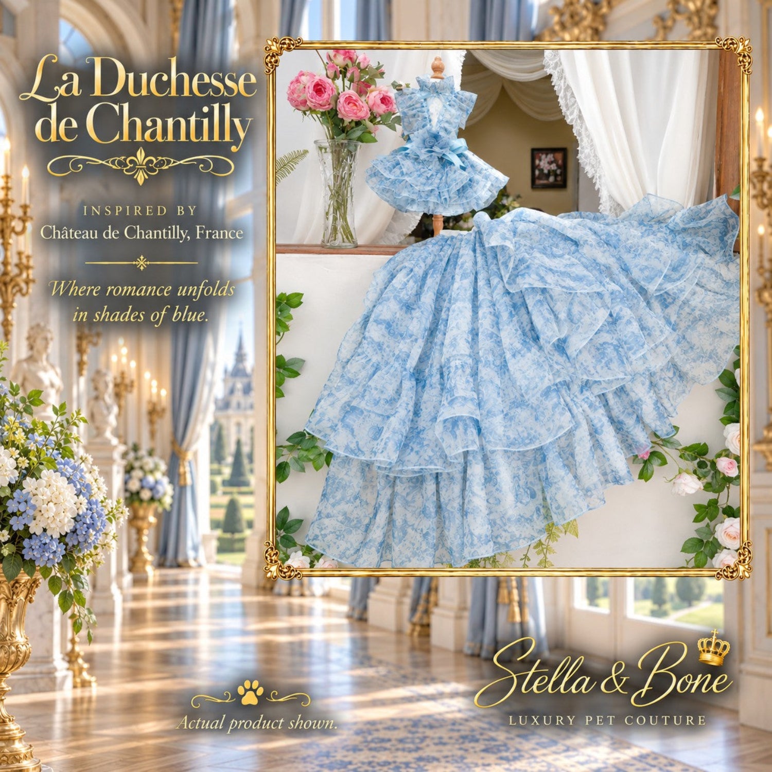 La Duchesse de Chantilly luxury blue floral dog dress with a separate matching ruffled train in a palatial French room.
