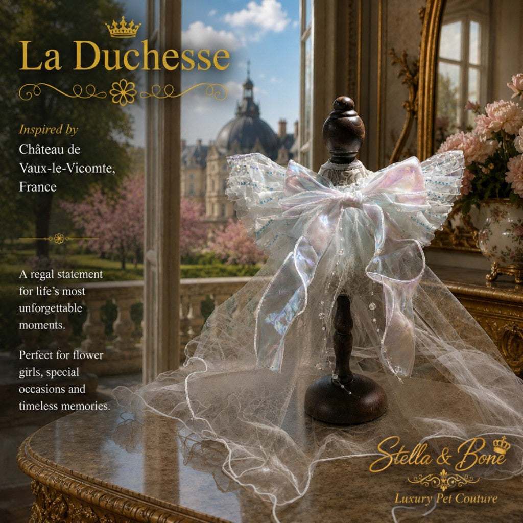 Back view of La Duchesse luxury dog gown showcasing a large iridescent organza bow, draped pearls, and long sheer train.