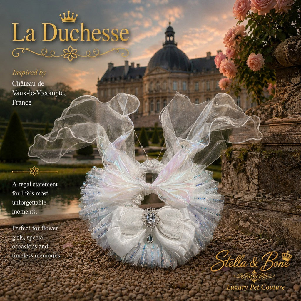La Duchesse, white and iridescent tulle pet veil with a large bow and rhinestone center