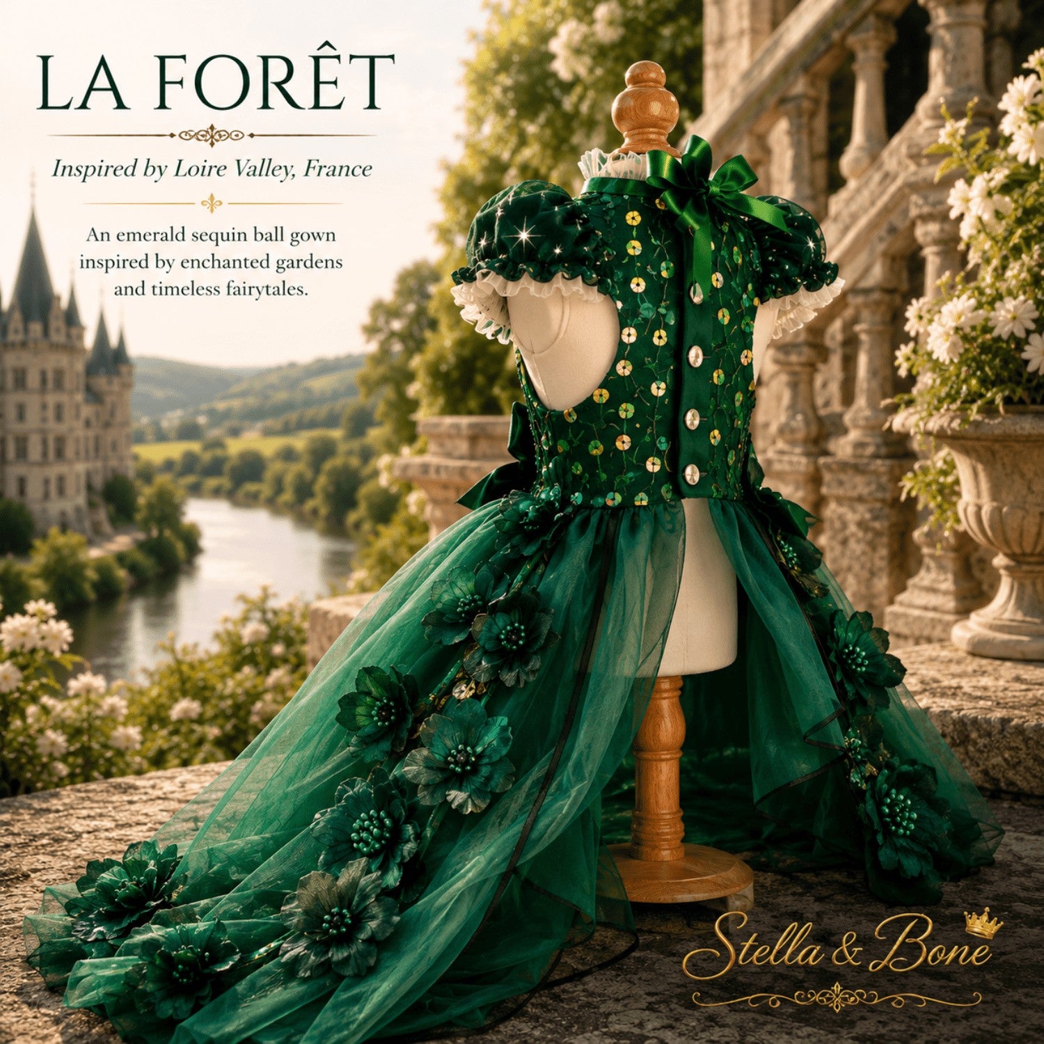 La Forêt luxury emerald green dog gown back view, showcasing a designer train and bow outside a French chateau.