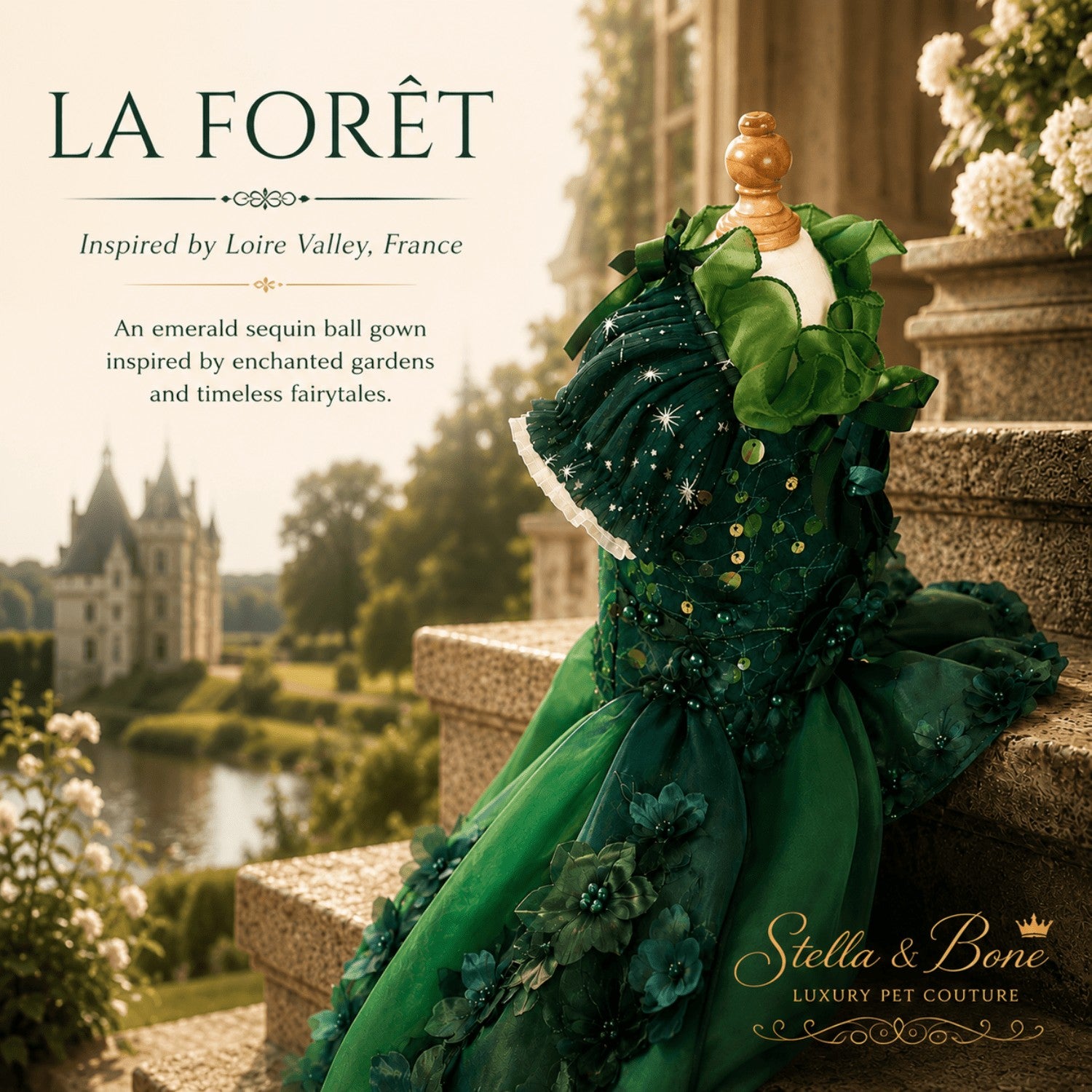 La Forêt luxury emerald green dog gown close-up, showcasing designer ruffles and sequins outside a French chateau.