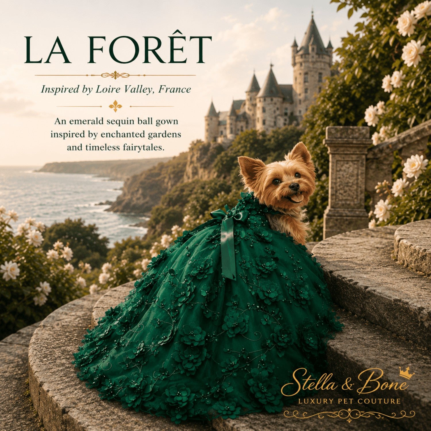La Forêt luxury emerald green dog gown on a Yorkie, featuring designer pet couture by a French chateau coast.