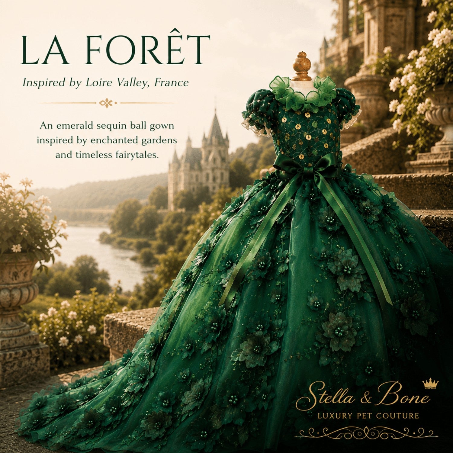 La Forêt luxury emerald green dog gown on a mannequin, featuring designer pet couture by a French chateau garden.