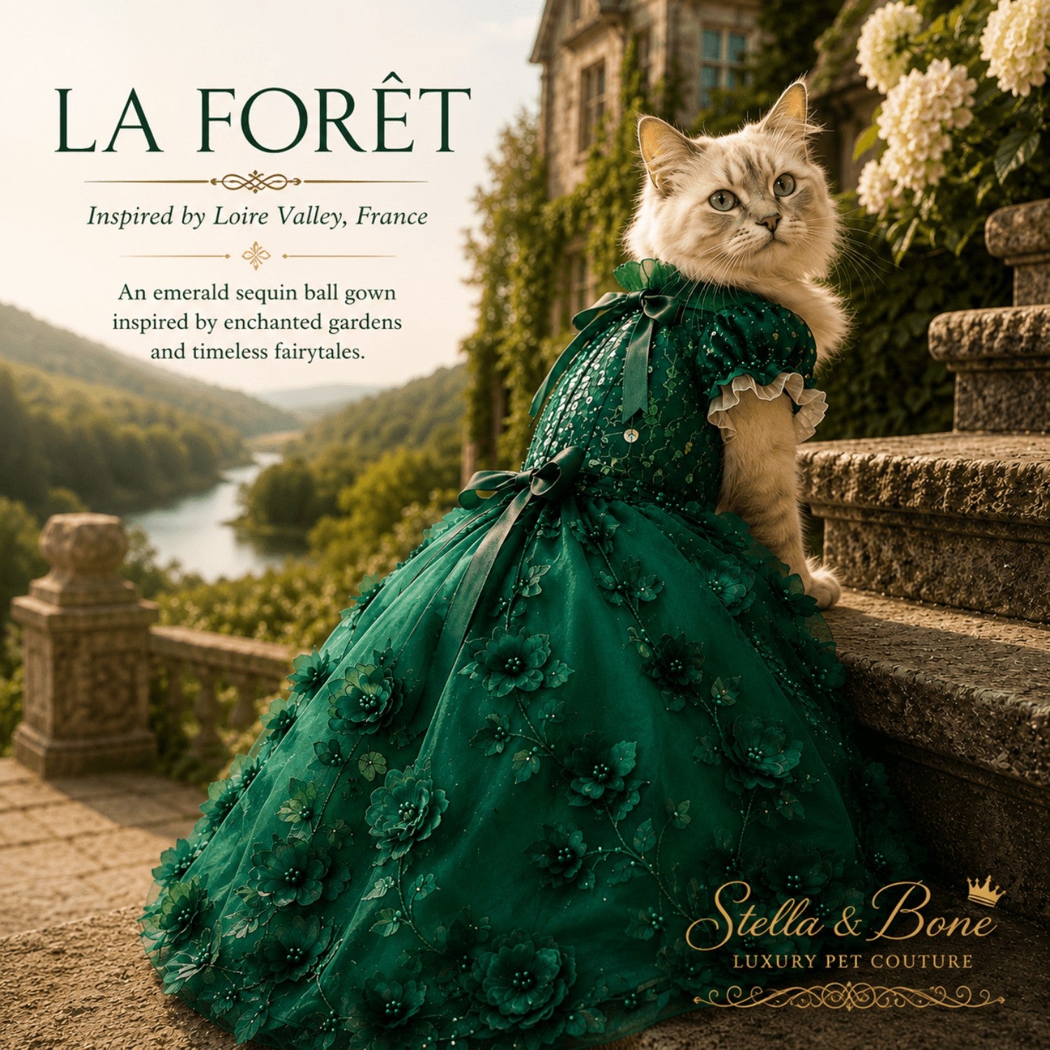 La Forêt luxury emerald green pet gown on a cat model, featuring designer couture clothing by a French chateau.