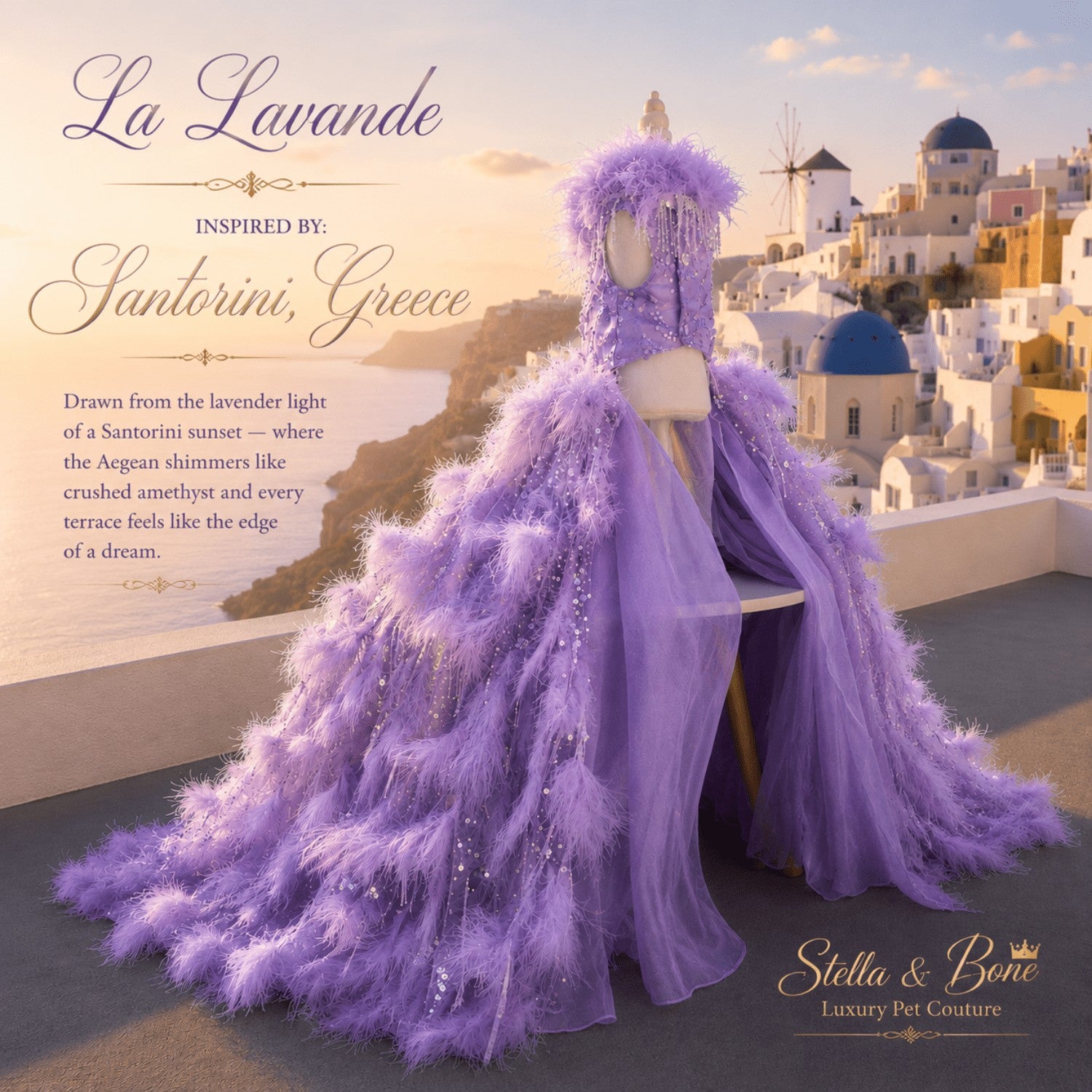 Lavender purple feathered tulle wedding pet gown, La Lavande displayed on a mannequin Santorini, Greece.