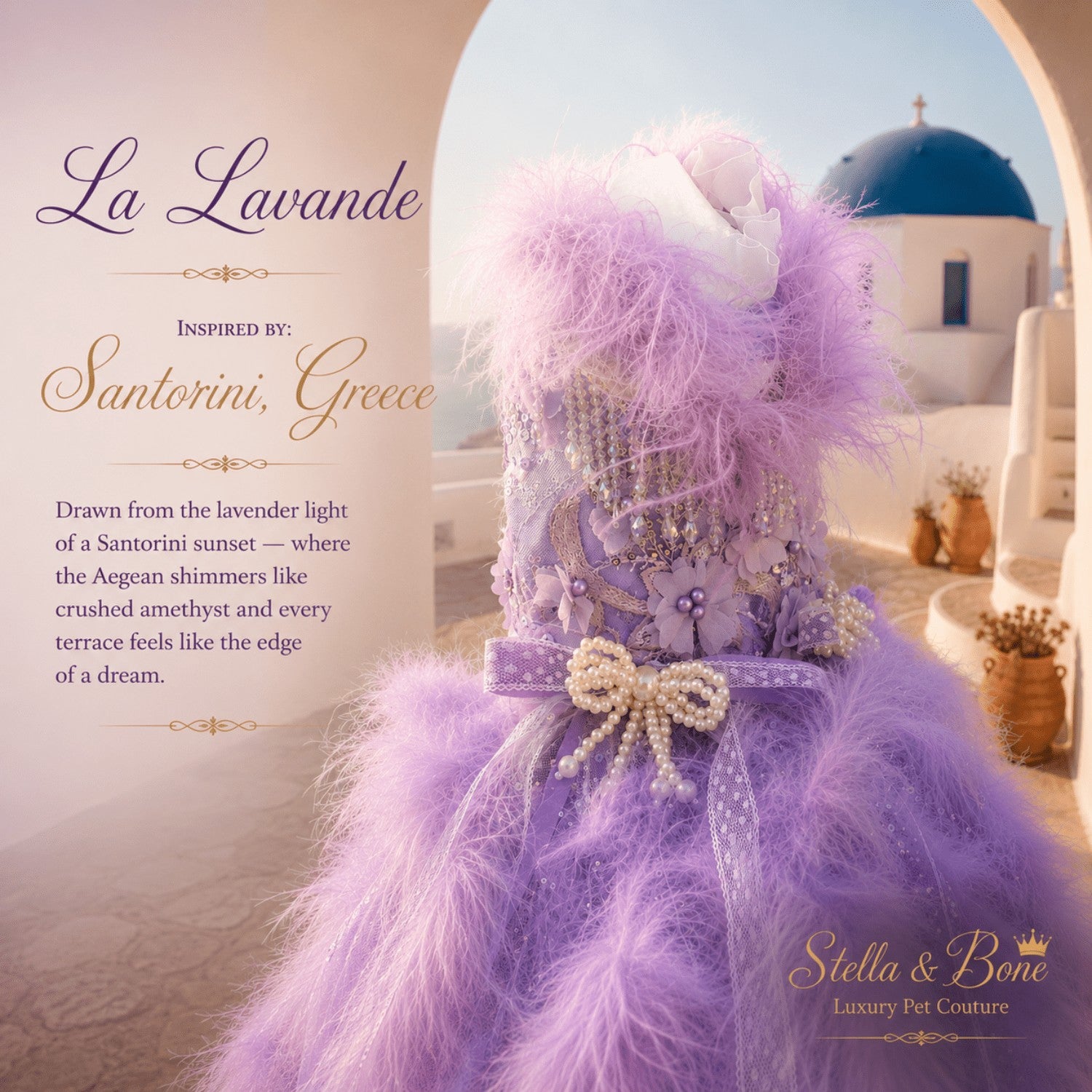 Closeup detail of La Lavande, lavender, luxury bridal dog gown, sparkling sequins, crystal fringe details and pearls