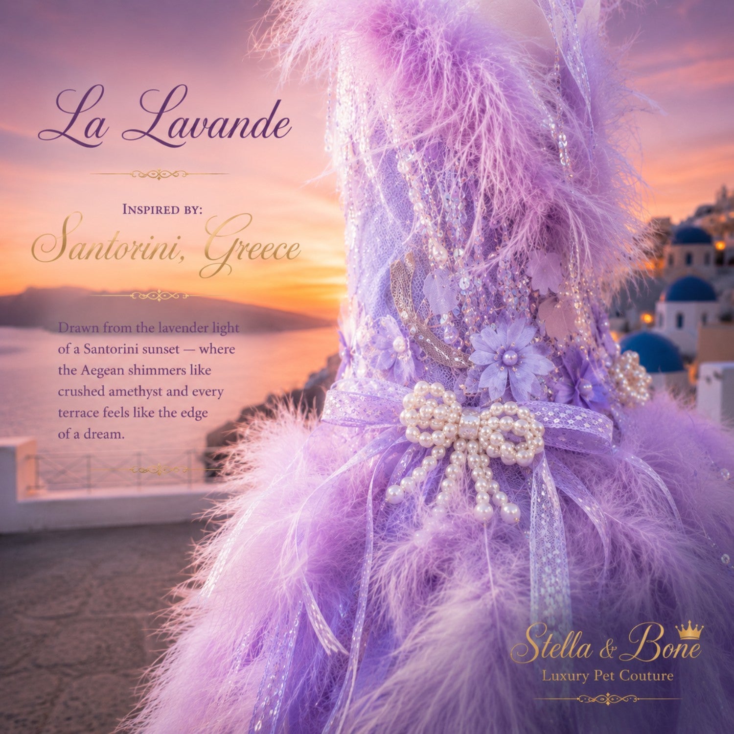 Closeup of La Lavande, a lavender, luxury dog flower girl gown, sparkling sequins, crystal fringe details and pearls